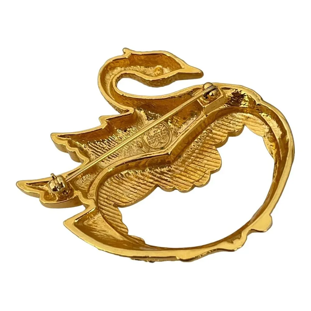 Vintage 1980s Edgar Berebi Swan Brooch AB Crystal Gold Tone - 1E